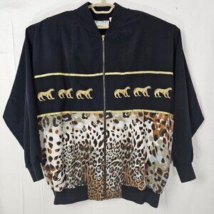 Delta Burke Black and Leopard-Print Bomber Jacket with Gold Trim